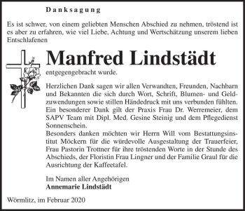 Traueranzeige von Manfred Lindstädt  von Magdeburger Volksstimme