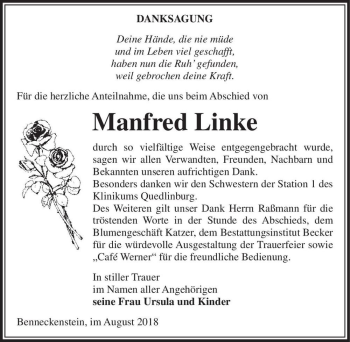 Traueranzeige von Manfred Linke  von Magdeburger Volksstimme