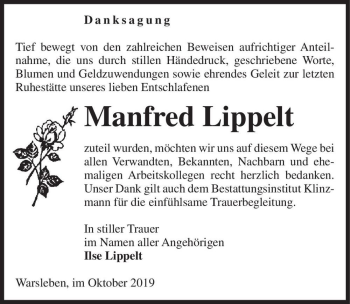 Traueranzeige von Manfred Lippelt  von Magdeburger Volksstimme