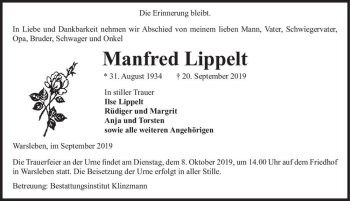 Traueranzeige von Manfred Lippelt  von Magdeburger Volksstimme