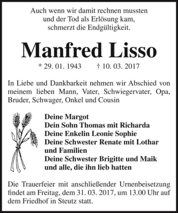 Traueranzeige von Manfred Lisso  von Magdeburger Volksstimme