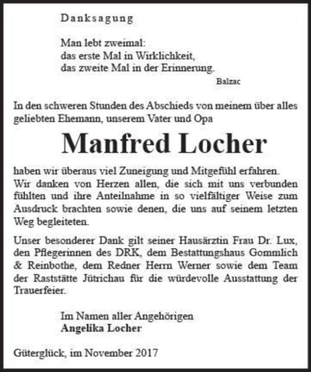Traueranzeige von Manfred Locher  von Magdeburger Volksstimme