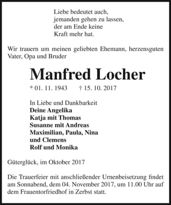 Traueranzeige von Manfred Locher  von Magdeburger Volksstimme