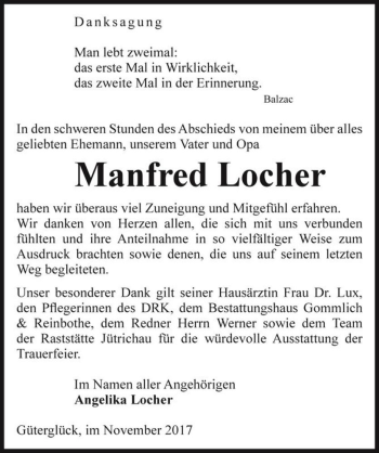 Traueranzeige von Manfred Locher  von Magdeburger Volksstimme