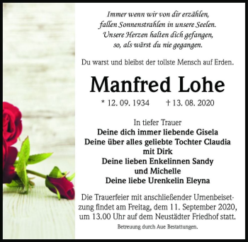 Traueranzeige von Manfred Lohe  von Magdeburger Volksstimme