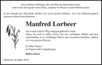 Traueranzeige von Manfred Lorbeer  von Magdeburger Volksstimme
