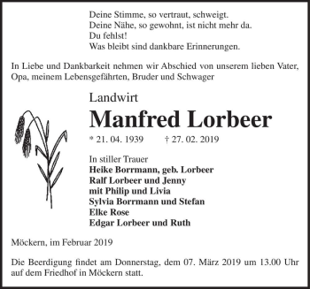 Traueranzeige von Manfred Lorbeer  von Magdeburger Volksstimme