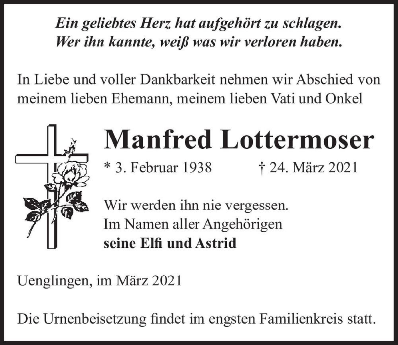  Traueranzeige für Manfred Lottermoser  vom 27.03.2021 aus Magdeburger Volksstimme