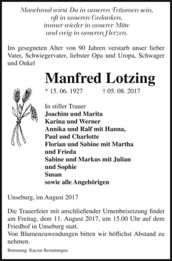 Traueranzeige von Manfred Lotzing  von Magdeburger Volksstimme
