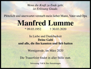 Traueranzeige von Manfred Lumme  von Magdeburger Volksstimme