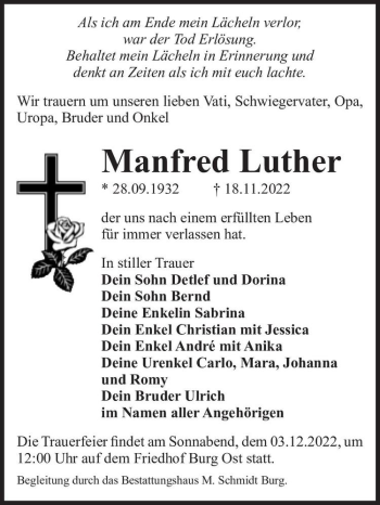 Traueranzeige von Manfred Luther  von Magdeburger Volksstimme