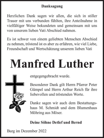 Traueranzeige von Manfred Luther  von Magdeburger Volksstimme