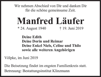 Traueranzeige von Manfred Läufer  von Magdeburger Volksstimme