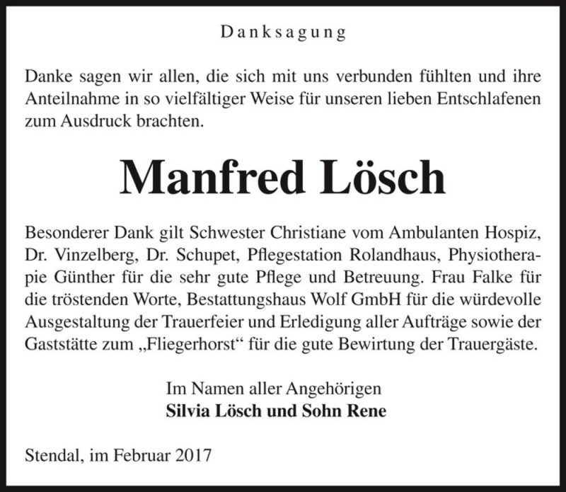  Traueranzeige für Manfred Lösch  vom 11.03.2017 aus Magdeburger Volksstimme