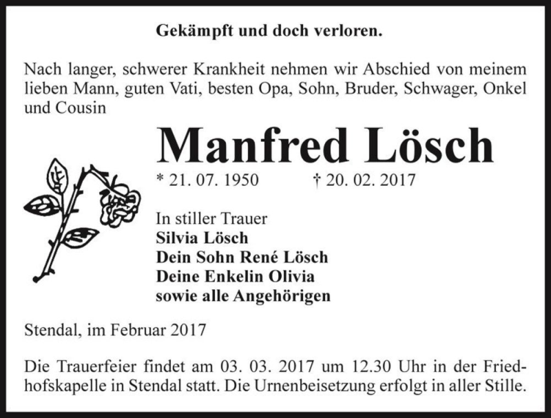  Traueranzeige für Manfred Lösch  vom 25.02.2017 aus Magdeburger Volksstimme