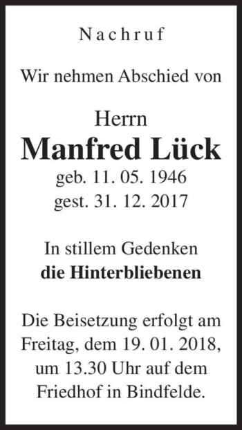 Traueranzeige von Manfred Lück  von Magdeburger Volksstimme
