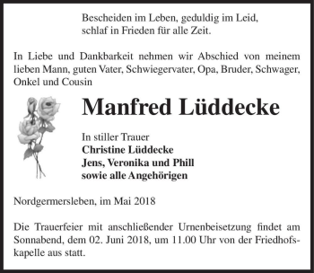Traueranzeige von Manfred Lüddecke  von Magdeburger Volksstimme
