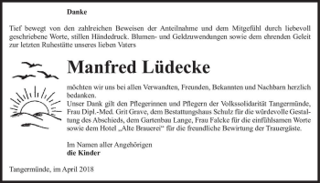 Traueranzeige von Manfred Lüdecke  von Magdeburger Volksstimme