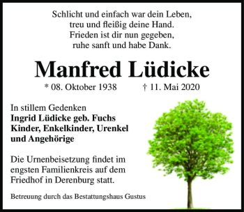 Traueranzeige von Manfred Lüdicke  von Magdeburger Volksstimme