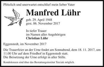 Traueranzeige von Manfred Lühr  von Magdeburger Volksstimme