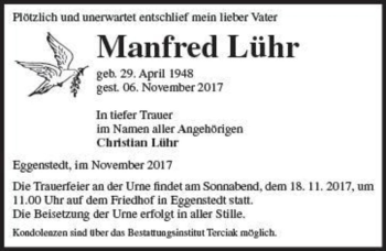 Traueranzeige von Manfred Lühr  von Magdeburger Volksstimme