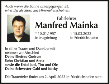 Traueranzeige von Manfred Mainka  von Magdeburger Volksstimme