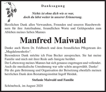 Traueranzeige von Manfred Maiwald  von Magdeburger Volksstimme