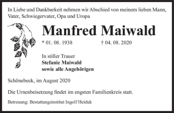 Traueranzeige von Manfred Maiwald  von Magdeburger Volksstimme