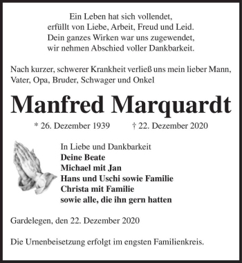 Traueranzeige von Manfred Marquardt  von Magdeburger Volksstimme