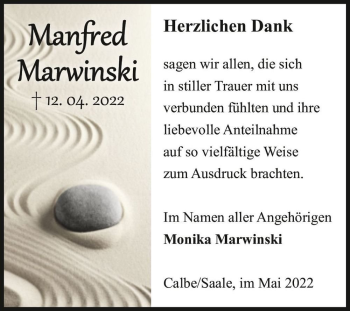 Traueranzeige von Manfred Marwinski  von Magdeburger Volksstimme