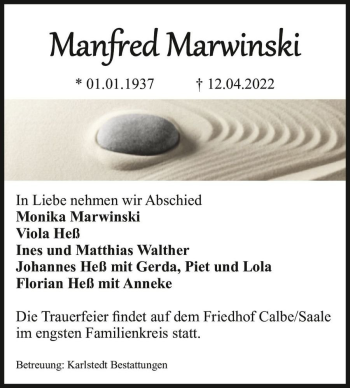 Traueranzeige von Manfred Marwinski  von Magdeburger Volksstimme