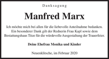 Traueranzeige von Manfred Marx  von Magdeburger Volksstimme
