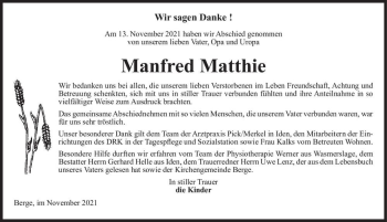 Traueranzeige von Manfred Matthie  von Magdeburger Volksstimme
