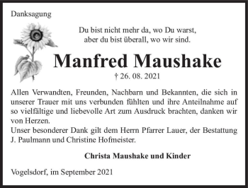 Traueranzeige von Manfred Maushake  von Magdeburger Volksstimme