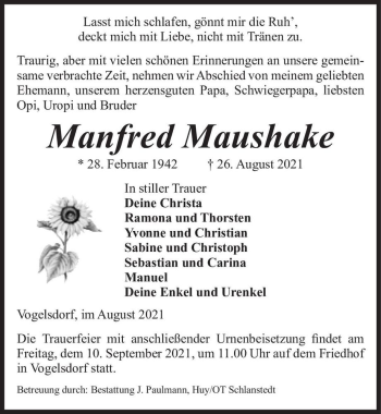 Traueranzeige von Manfred Maushake  von Magdeburger Volksstimme