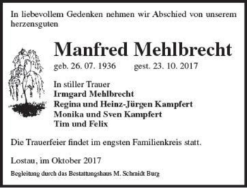 Traueranzeige von Manfred Mehlbrecht  von Magdeburger Volksstimme