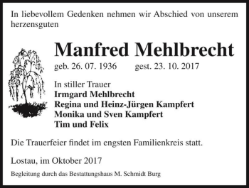 Traueranzeige von Manfred Mehlbrecht  von Magdeburger Volksstimme