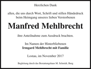 Traueranzeige von Manfred Mehlbrecht  von Magdeburger Volksstimme