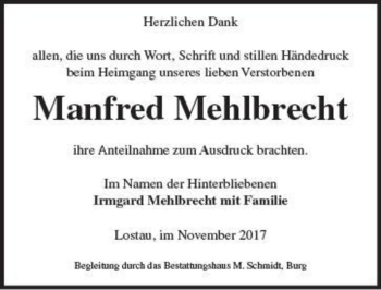 Traueranzeige von Manfred Mehlbrecht  von Magdeburger Volksstimme