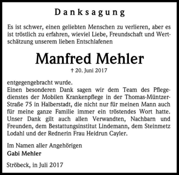 Traueranzeige von Manfred Mehler  von Magdeburger Volksstimme