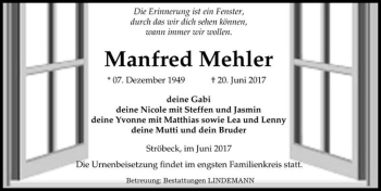 Traueranzeige von Manfred Mehler  von Magdeburger Volksstimme