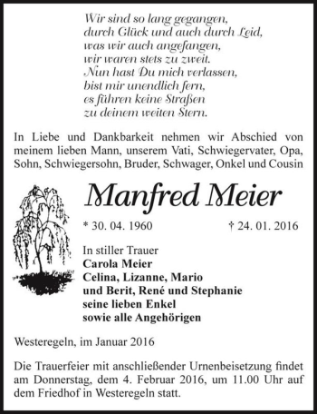 Traueranzeige von Manfred Meier  von Magdeburger Volksstimme