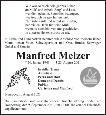 Traueranzeige von Manfred Melzer  von Magdeburger Volksstimme