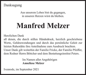 Traueranzeige von Manfred Melzer  von Magdeburger Volksstimme