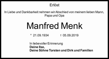 Traueranzeige von Manfred Menk  von Magdeburger Volksstimme