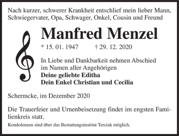 Traueranzeige von Manfred Menzel  von Magdeburger Volksstimme