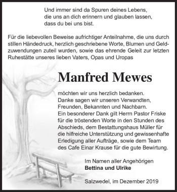 Traueranzeige von Manfred Mewes  von Magdeburger Volksstimme