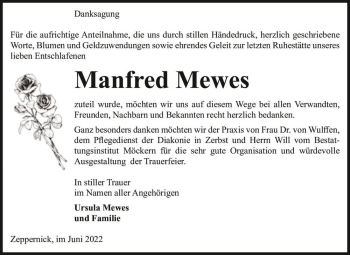 Traueranzeige von Manfred Mewes  von Magdeburger Volksstimme