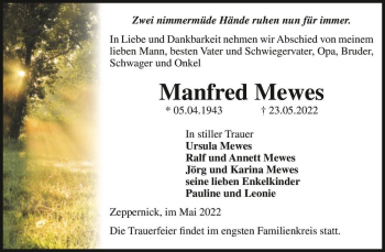 Traueranzeige von Manfred Mewes  von Magdeburger Volksstimme