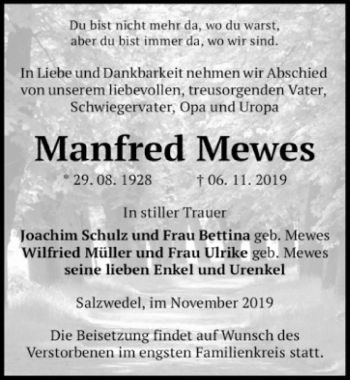 Traueranzeige von Manfred Mewes  von Magdeburger Volksstimme